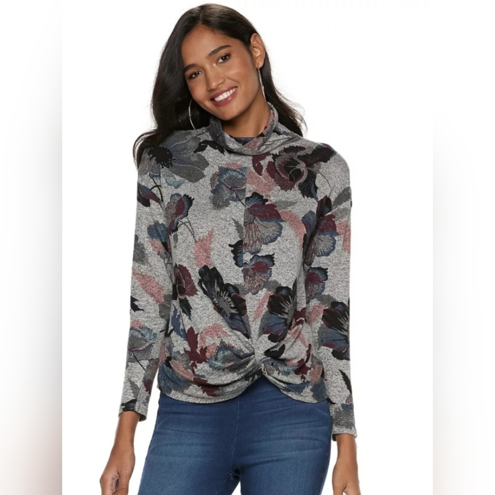 Jennifer Lopez  Gray Twist Hem Mock Turtleneck Top